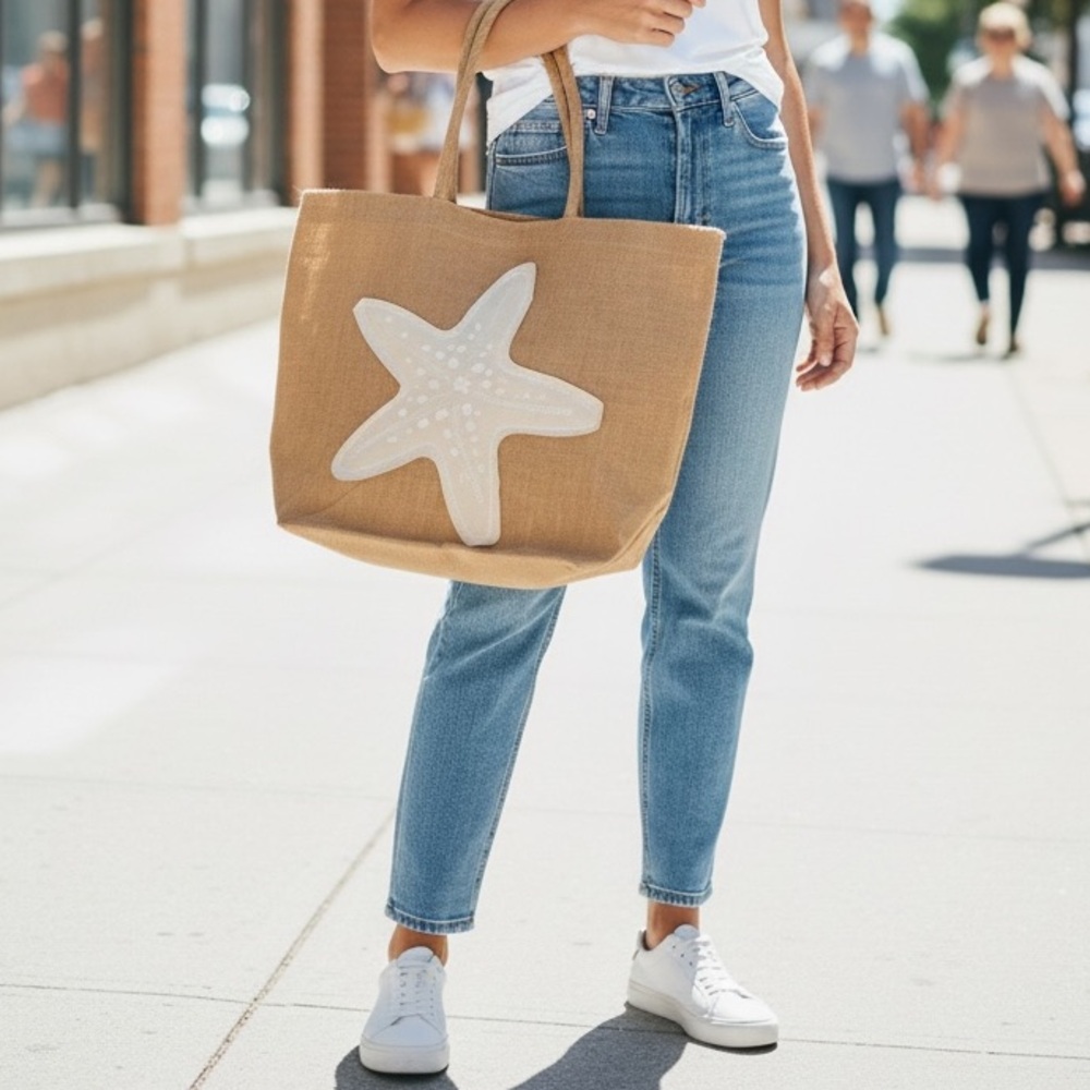New Jute Tan Handwoven Oversized Beach Tote With White Starfish Appliqué